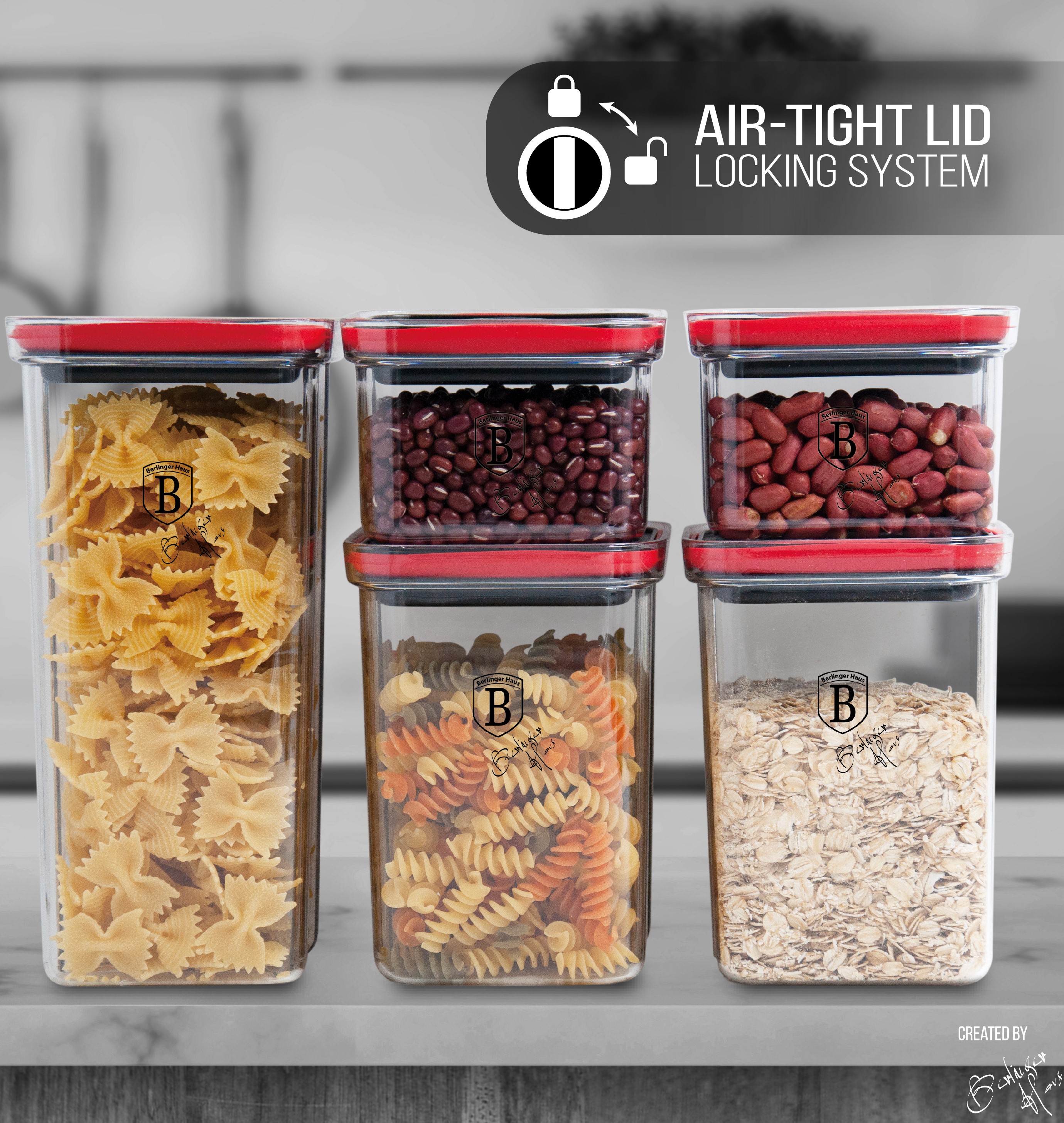סט אחסון 10 חלקים מבית Berlinger.  
קופסאות אחסון בגדלים שונים עם מכסה אטום בטכנולוגיית -Air
Tight לשמירה על טריות לאורך זמן. 
עשויות פלסטיק איכותי.
מתאימות לאחסון פסטה, דגנים, קטניות ועוד.