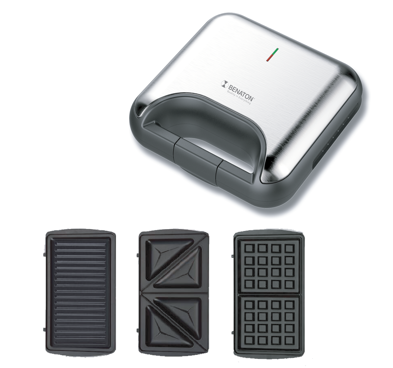 טוסטר פלטות מתחלפות מבית BENATON.  
טוסטר רב־תכליתי בהספק 800W עם 3 פלטות מתחלפות
(וופל בלגי, גריל ומשולשים), לחימום מהיר, ניקוי קל והכנת
מגוון ארוחות וקינוחים.