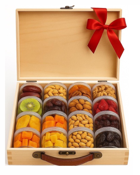 מזוודת עץ יוקרתית - 16 קופסאות רב פעמיות עם פירות  יבשים במשקל של כ 2.5 ק