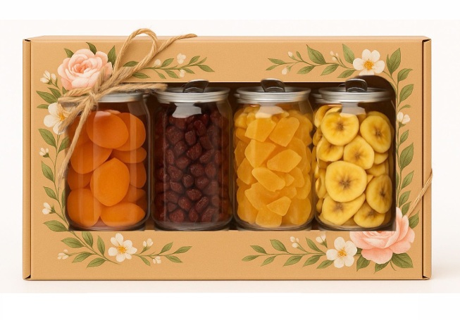 מארז 4 פחיות עם פירות יבשים במשקל של כ 1 ק