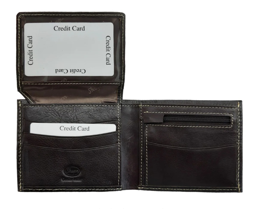 ארנק גבר מעור.
תא עם רוכסן לכסף קטן.
חריצים לכרטיסי אשראי.
קלאפה מתרוממת עם תאים לכרטיסים.
תא שקוף לתעודה מזהה.
תא גדול לשטרות.