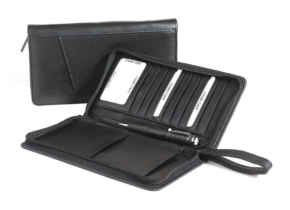 נרתיק מסמכים מעור נאפה. 
רוכסן חיצוני.
ידית נשלפת.
10 כיסים לכרטיסי אשראי.
תא פנימי עם רוכסן.
תא פתוח לדרכון.
לולאה לעט.