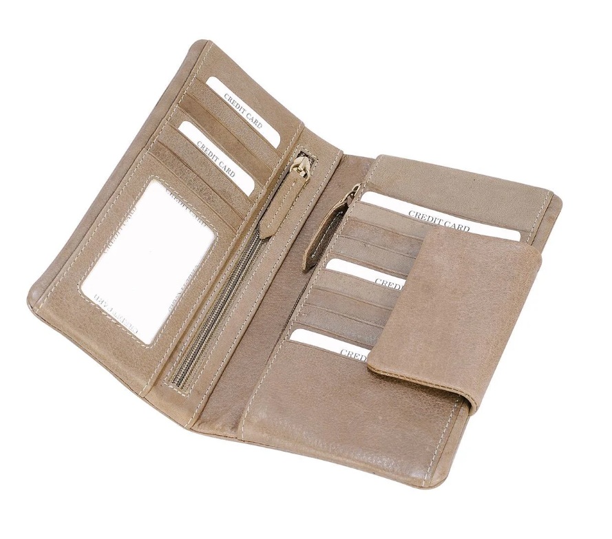 ארנק אשה מעור נאפה. 
תא גדול לשטרות.
14 כיסים לכרטיסי אשראי.
תא פנימי עם רוכסן.
תא לתמונה / תעודה.
תא חיצוני עם רוכסן.
סגירה לחצניות.