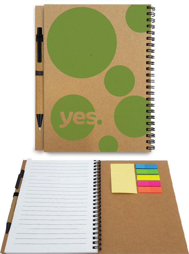 מחברת ספירלה A5 ממוחזרת. 
קרטון קשיח וממוחזר.
72 דפי שורה/ניתן לבחור גם דפי חשבון.
מגיע עם דגלונים וממו צהוב.
מגיע עם עט ממוחזרת.
הדפסה על כל הכריכה.
