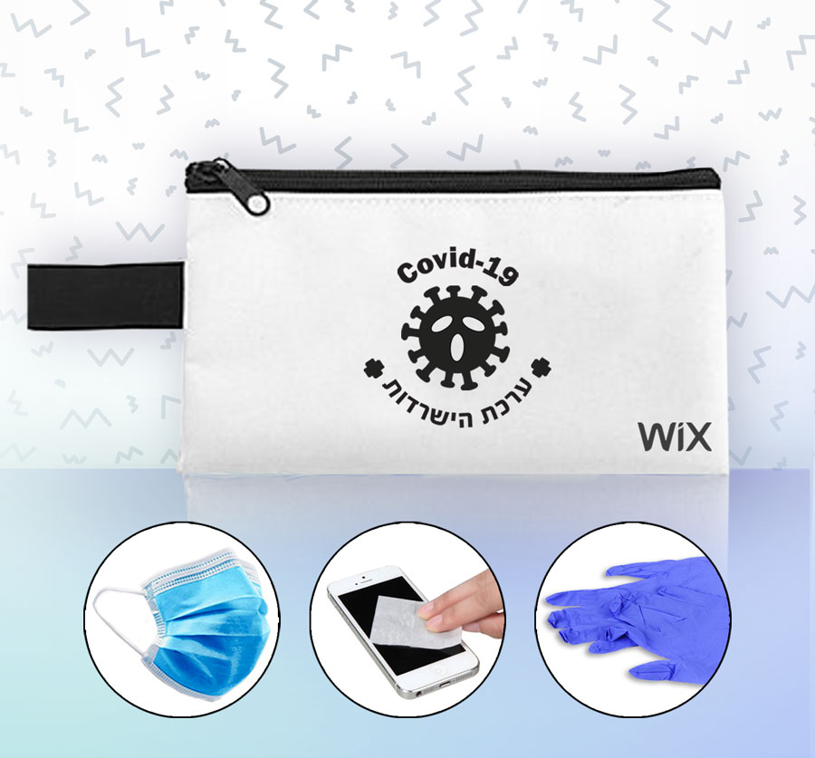 ערכת הישרדות לימי הקורונה הכוללת 2 מסיכות + 10 מגבוני חיטוי אלכוהוליים  + 6 כפפות חד פעמיות.
לתלייה על התיק.