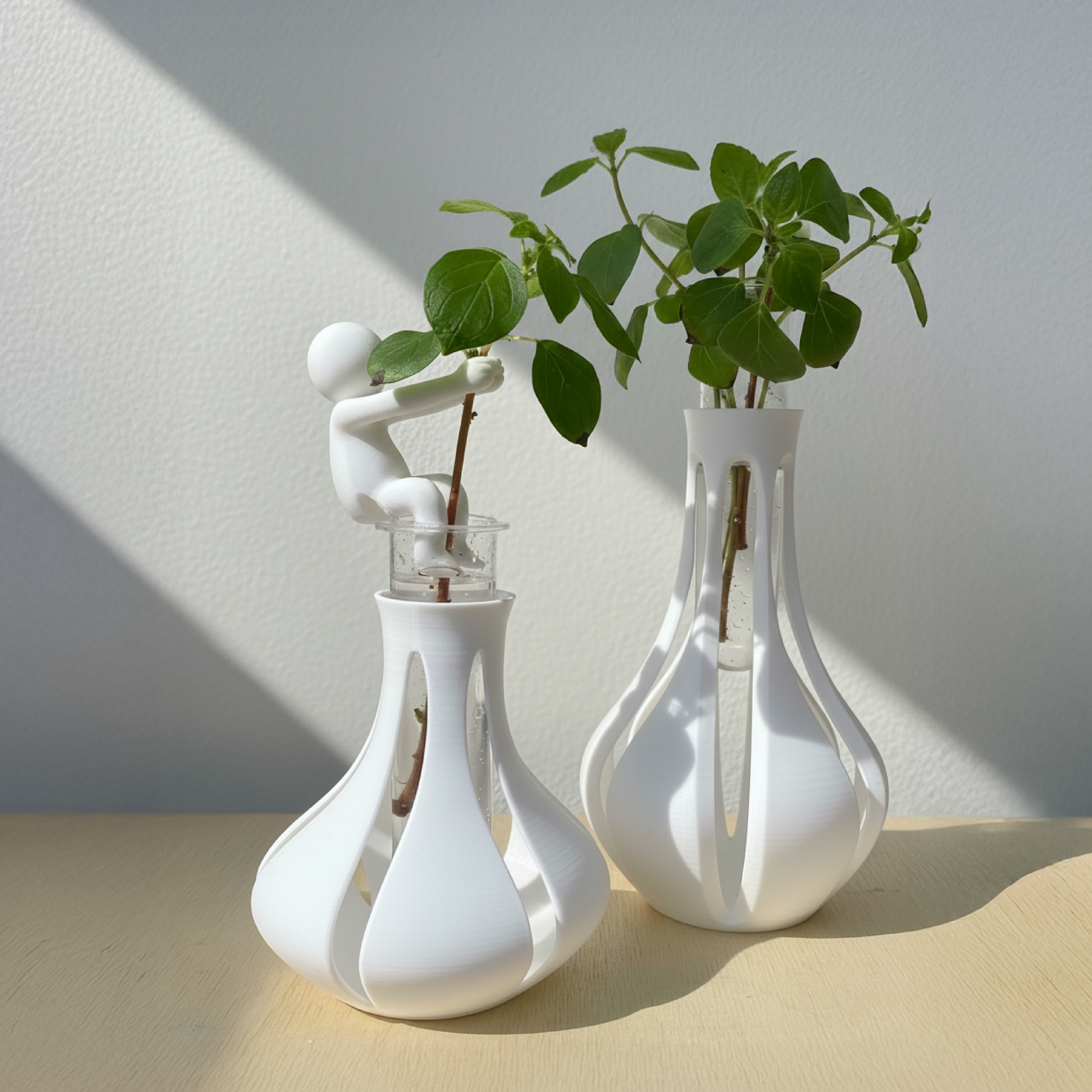 אגרטל עם מבחנה ובו דמות קטנה מטפסת על ענף הצמח.  