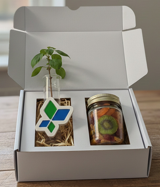 מארז מגנטי ירוק - קופסת מתנה הכוללת אגרטל מגנטי משולב לוגו  ו- 100 גרם תערובת פירות יבשים.