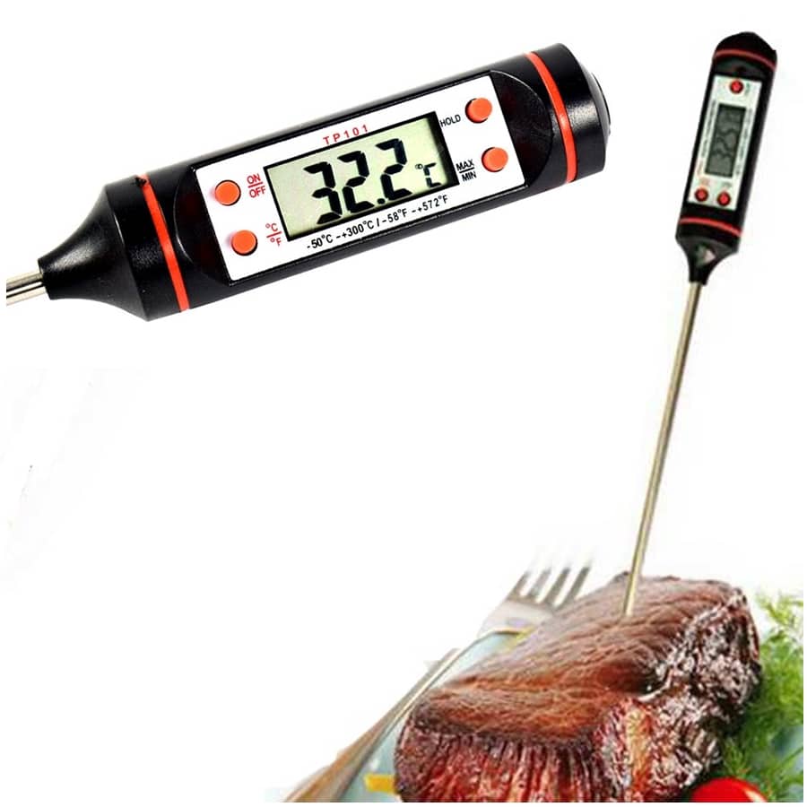 מד חום דיגיטלי למזון יבש/נוזל – קומפקטי ומדויק. מכשיר קומפקטי – אורך 18 ס”מ בלבד.
ידית פלסטיק, המוט עשוי נירוסטה אל חלד
מודד טמפ’ שבין מינוס 50 מעלות ועד פלוס 300 מעלות סלציוס !
המכשיר נכבה אוטומטית אחרי 40 דק’ ללא שימוש.
אפשרות לברור פורמט מדידת טמפרטורה °C או ‎ °F
כולל כפתור להדלקה וכיבוי.  
מצוין עבור מדידת טמפ’ מדויקת של מוצרי מזון יבשים, כגון: בשר (BBQ), עוגות, בצקים וכולי וגם עבור מוצרי מזון נוזלים, כגון: מים, מרק, חלב וכולי.