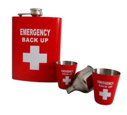 EMERGENCY BACK UP – סט פלאסק איכותי 240 מ”ל + 2 כוסות + משפך. 
בגודל 8 אוז - 240 מ”ל.
