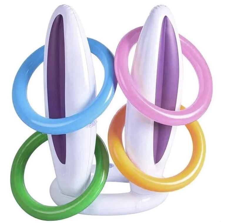 משחק מתנפח השחלת טבעות, בעיצוב אוזני ארנב. 
מידות: אורך/גובה האוזניים של המטרה 40.5 ס”מ, רוחב בסיס המטרה 24 ס”מ. 
קוטר של כל טבעת 19 ס”מ.