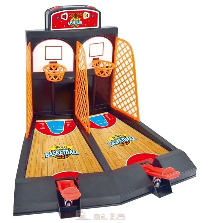 משחק תחרות זוגי – כדורסל שולחני. 
מיני משחק שולחני. 
עשוי מפלסטיק. 
כולל: 6 כדורים – 3 כדורים לכל שחקן (3 כדורים בצבע כתום + 3 כדורים בצבע כחול). 
מידות: רוחב 27 ס”מ, עומק 24 ס”מ, גובה 21 ס”מ. 