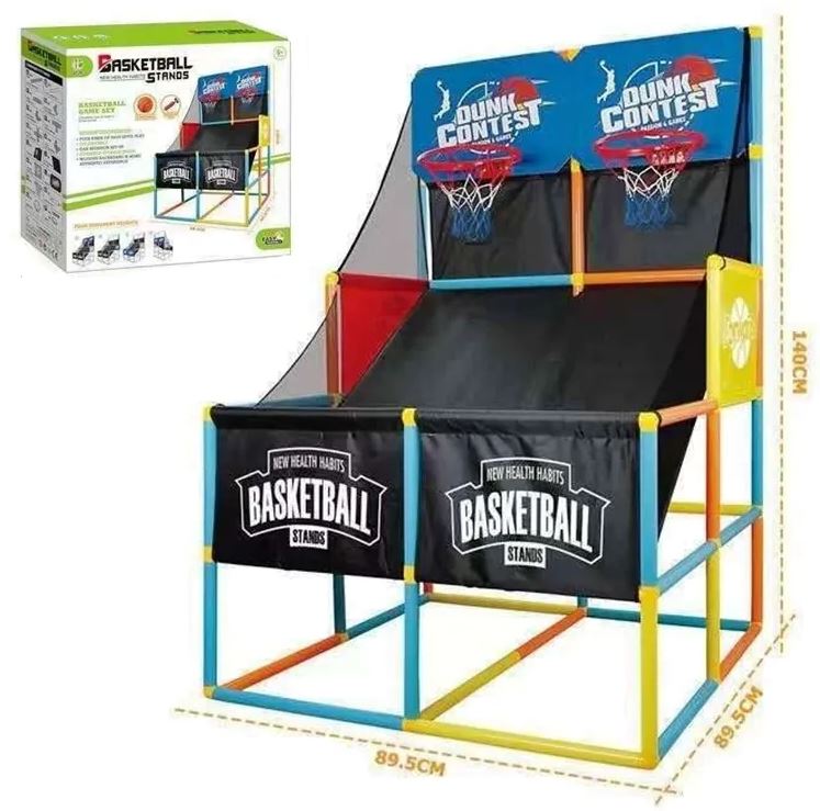 מתקן משחק כדורסל רצפתי – זוגי. 
כולל 2 מיני כדורסל מתנפח (מגומי) ומשאבה לניפוח + רשת לשמירה על הכדור (שלא יעוף הצידה). 
מידות: גובה: 140 ס”מ, אורך: 89.5 ס”מ, רוחב: 89.5 ס”מ. 