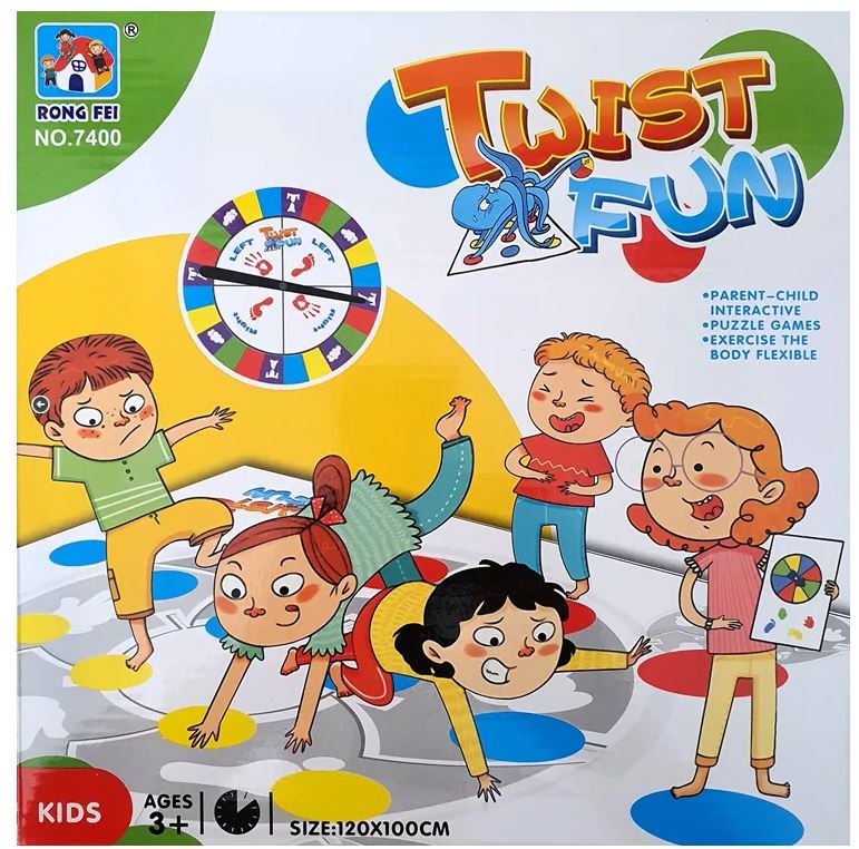 TWIST FUN - משחק לכל המשפחה עם 2 אלמנטים חדשים. משטח Twist Fun –  בגודל 100×120 ס”מ (עשוי בד לא ארוג), לוח + חוגה בקוטר 24 ס”מ (באנגלית), הוראות משחק (באנגלית).
משחק  Twist Fun – מפתח יצירתיות, מפתח מוטוריקה גסה ומפתח כישורים חברתיים.