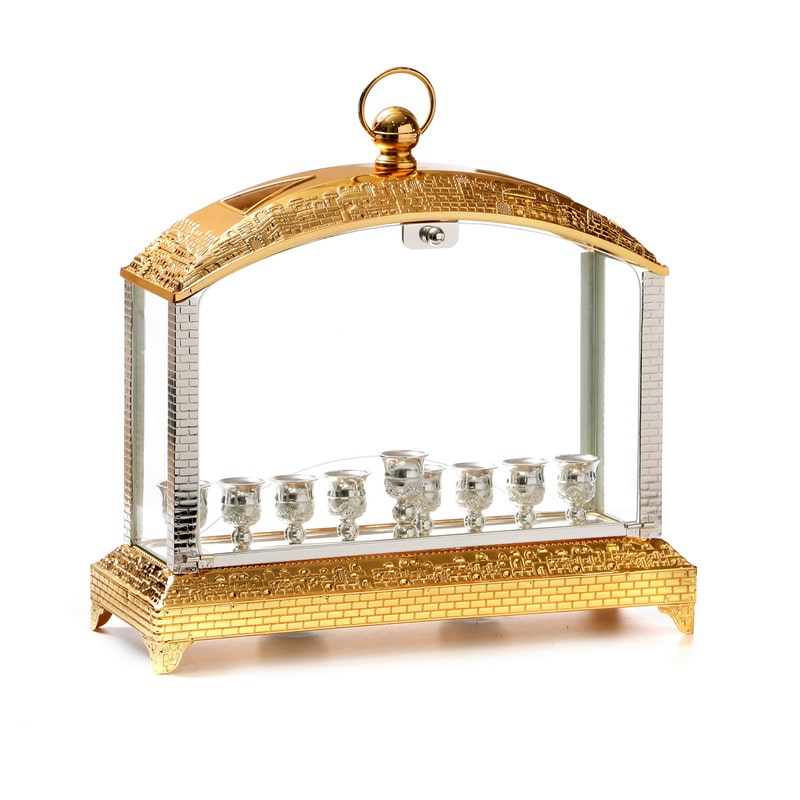 חנוכייה/פמוטים אקווריום ירושלים מוכסף עיטור זהב, 
24x36 ס