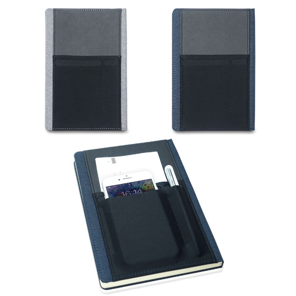 פיקסל - מחברת A5 בעיצוב חדשני. 
בשילוב דמוי עור ואריג איכותי, עם תא אכסון לסמארטפון, 
תא למסמכים או פלאיירים, ומקום לעט.