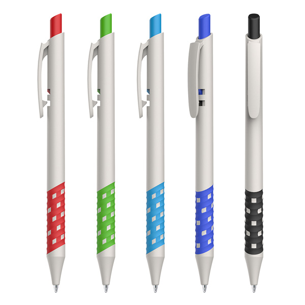 דמקה לבן - עט כדורי גוף לבן עם גריפ ייחודי ובולט בשילובי צבעים. 
פתיחת לחצן.