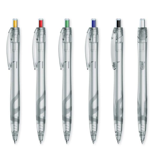 אקווה - עט אקולוגי כדורי עשוי Rpet חומר ממוחזר מבקבוקי פלסטיק.
גוף שקוף עם לחצנים צבעוניים. 