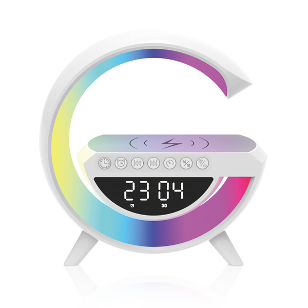 מיני רמקול בלוטוס G עם תאורה ומשטח טעינה. 
משטח טעינה 15W.
תאורת לד מחליפה צבעים.
רמקול בלוטוס.
רדיו FM.
שעון מעורר וצג דיגיטלי.
סוללה נטענת.
מידות: קוטר: 17.5 ס