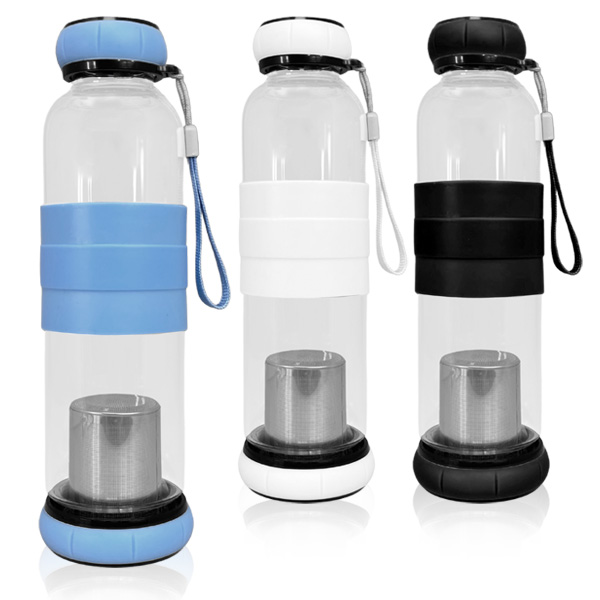 בקבוק זכוכית לשתייה חמה או קרה עם מסננת לחליטה. 
נפח 600 מ״ל.