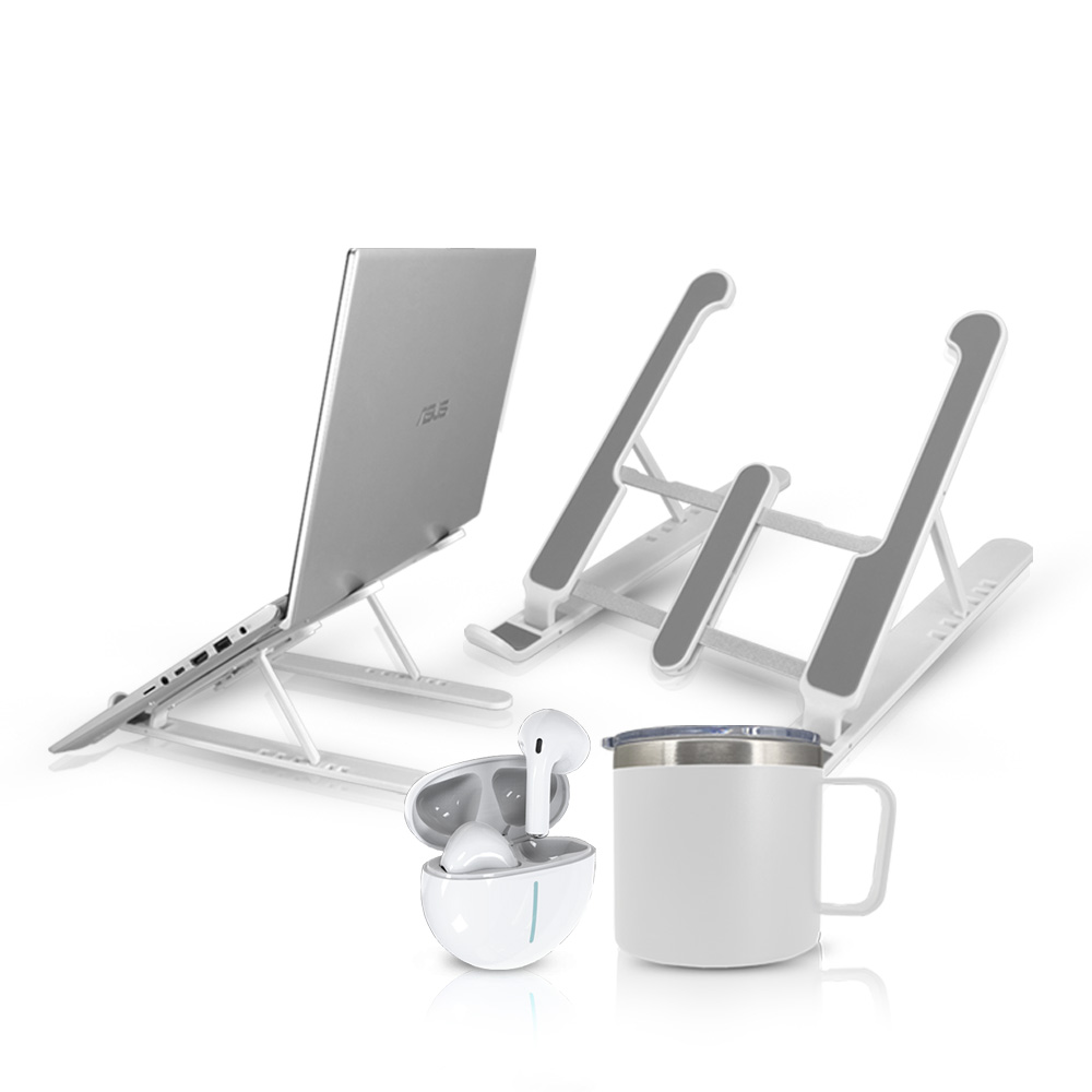 סט מתנה הכולל:
כוס נירוסטה תרמית עם ידית 350ML. 
מעמד שולחני מתקפל למחשב נייד.
אוזניות בלוטוס בתיבת טעינה. 