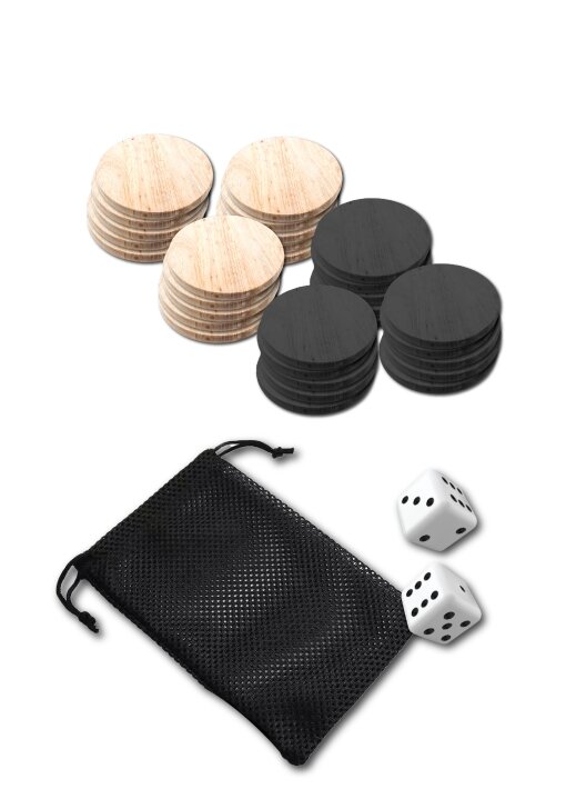 כלי משחק שש בש/דמקה.
30 כלי משחק.
שתי קוביות משחק.
כלי המשחק בגודל: 20x6 מ״מ.