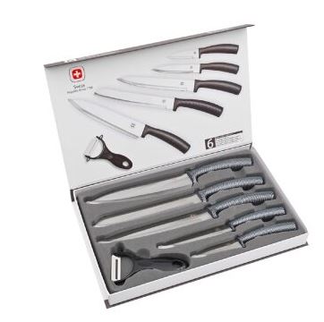 סט סכיני שף POLO SWISS ידיות גימור קרבון נירוסטה. 
6 חלקים בגימור יוקרתי נירוסטה - 5 סכיני שף מנירוסטה אל חלד מושחזת, קלפן ראש קדמי. 
ידיות הסכינים מעוצבות ונוחות לאחיזה. 