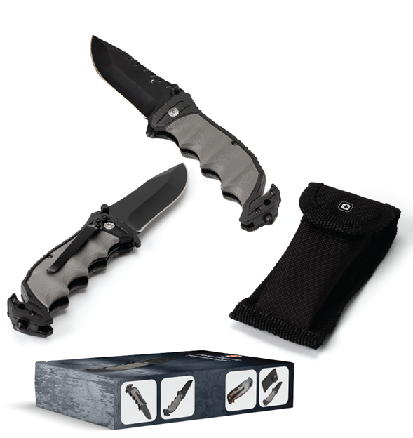 סכין קומנדו טקטית  SWISS מתקפלת בנרתיק. 
מידות מצב פתוח: 21.5 ס״מ.
מידות מצב סגור: 12 ס״מ.