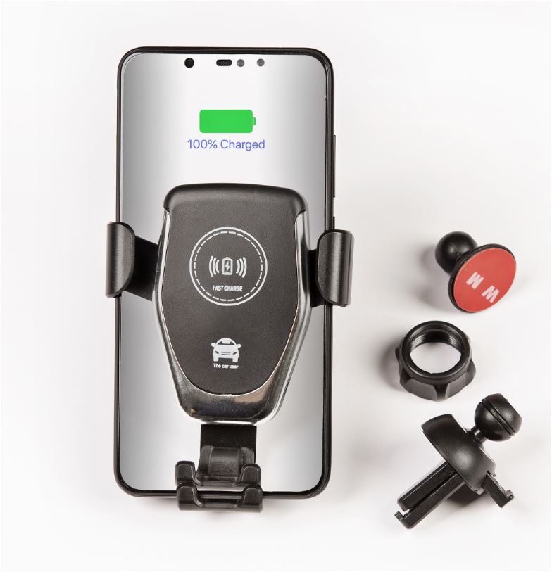 מעמד לנייד כולל מטען אלחוטי לרכב. 
מגיע עם חיבור למזגן/הדבקה למשטח. 
מידות: 13x9.3x5.3 ס