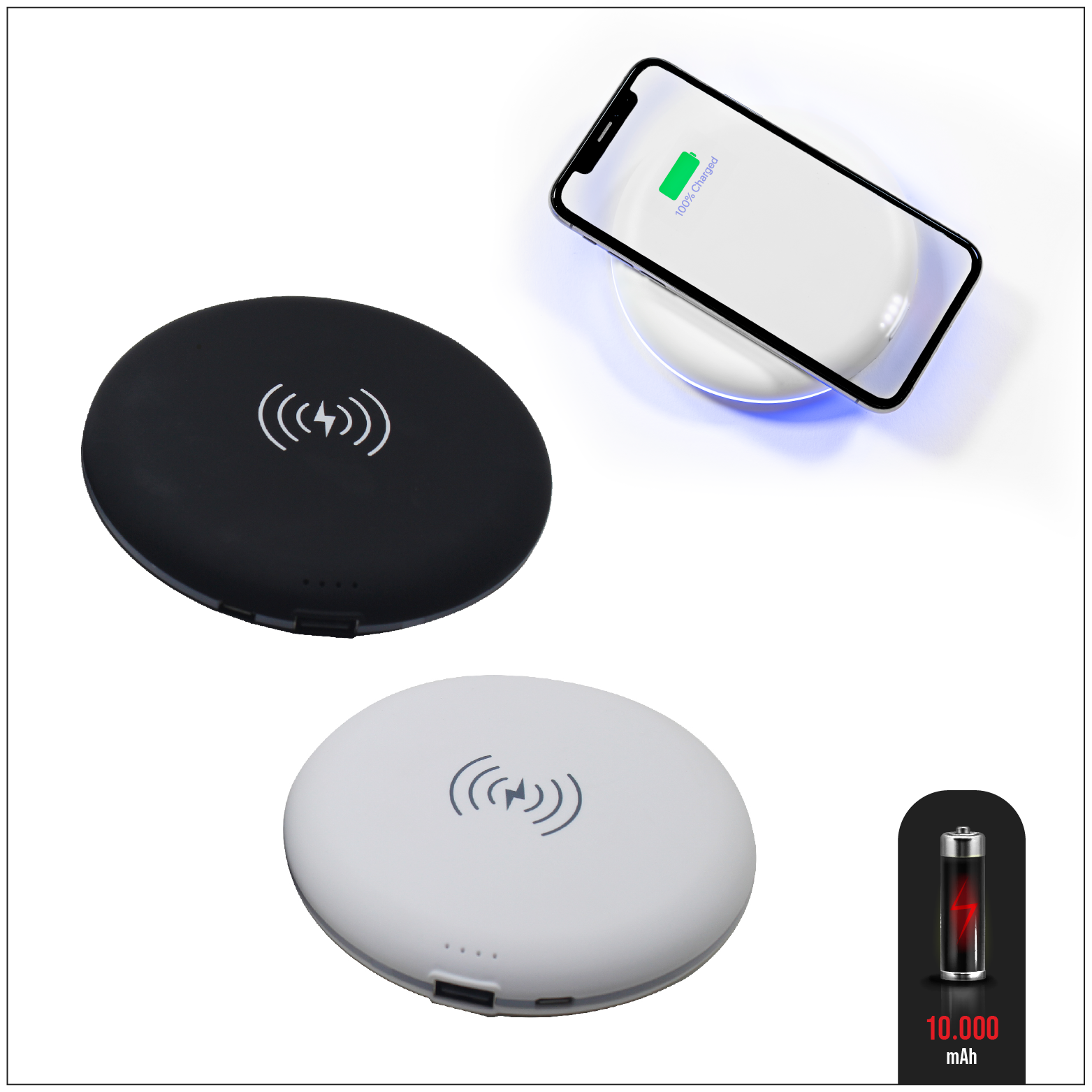 פאוור בנק עגול 10,000 mAh. כולל טעינה אלחוטית מהירה. 
קוטר 10.5 ס