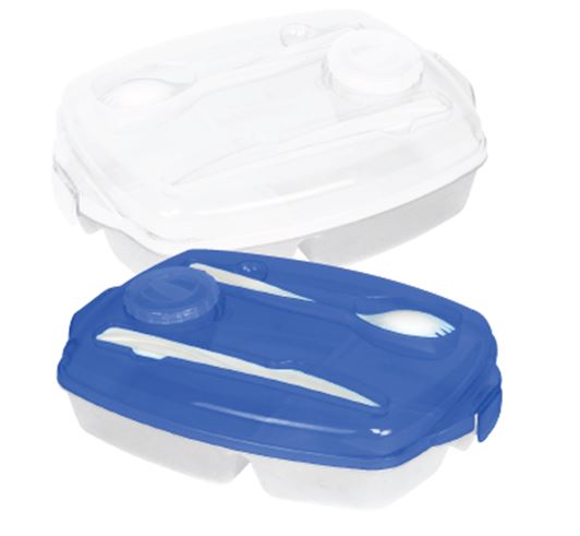 קופסת אוכל עם סכום וכוס מטבל 3 תאים.
עשוי חומר PP - ממוחזר.
מידות: 23x17x7 ס״מ.
משקל: 154 גרם.
סגירת FLAT LOCK.