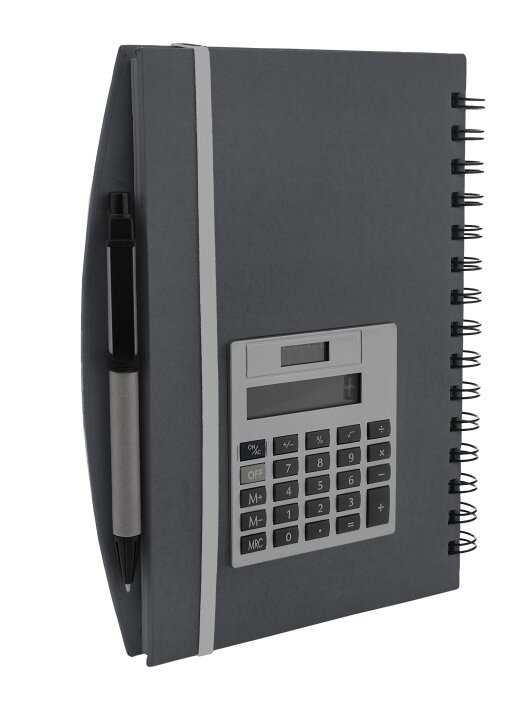 מחברת A5 ספירלה ממוחזרת, כולל מחשבון ועט. 
מידות: 21x18 ס