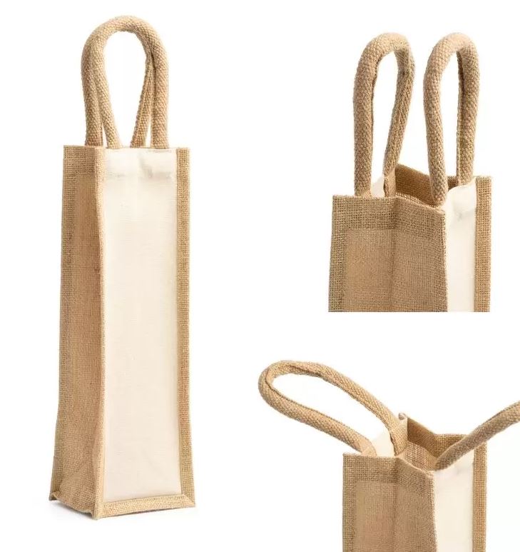 תיק יוטה וכותנה טבעית לבקבוק יין עם למינציה.
ידיות מחוזקות. 
מושלם עבור בקבוק יחיד.
מידות: 11x35x10 ס