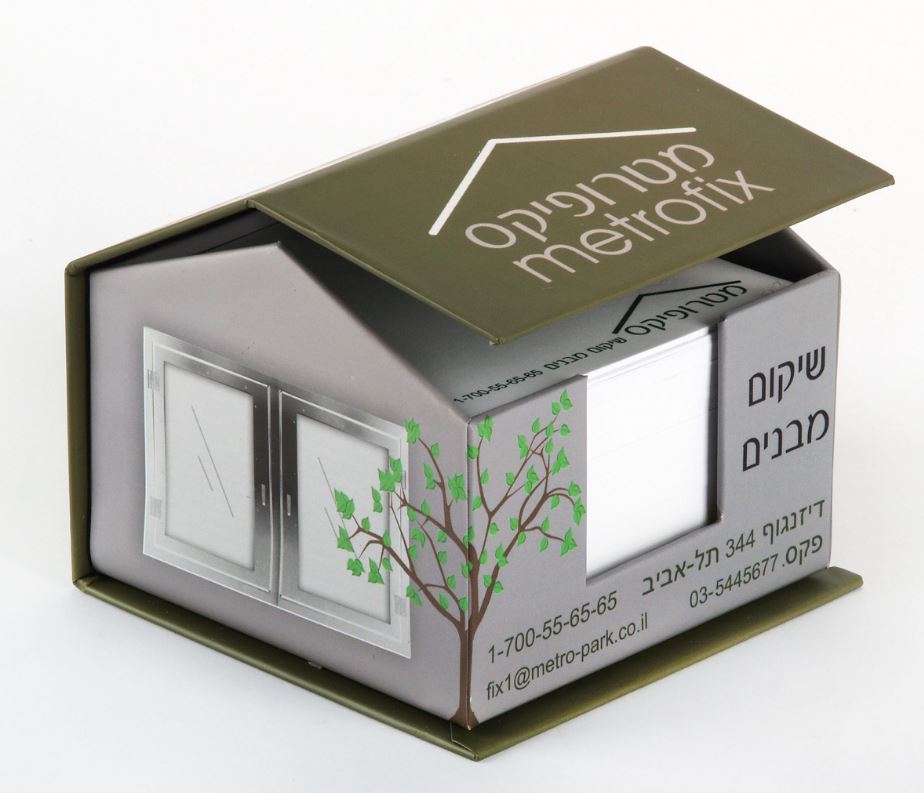 הפקות דפוס מיוחדות:

מארז שולחני בצורת בית, עשוי קרטון קשיח ומודפס ב