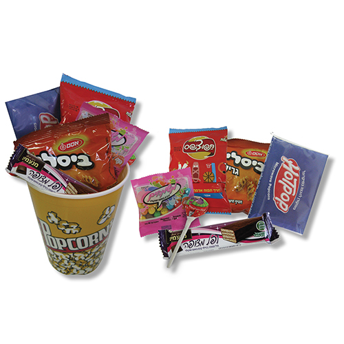 דלי פופקורן עם ממתקים - שקית פופקורן למיקרוגל, ביסלי, תפוצ