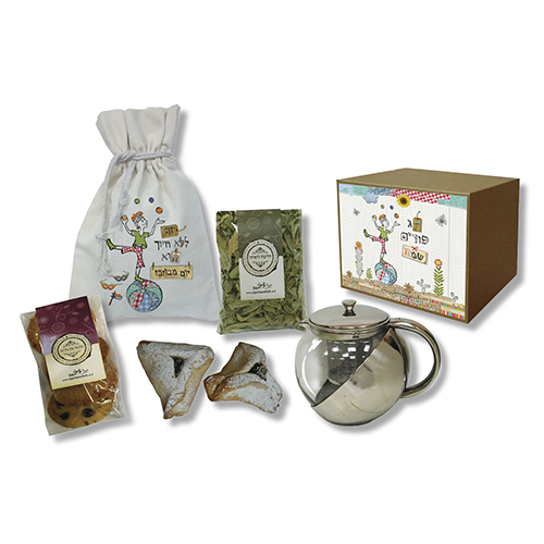 מארז דקל לפורים – 
מכיל: קנקן לחליטה, שקית כותנה עם 4 עוגיות, 2 אוזני המן וחליטת צמחים.
גודל השקית 24×17 ס