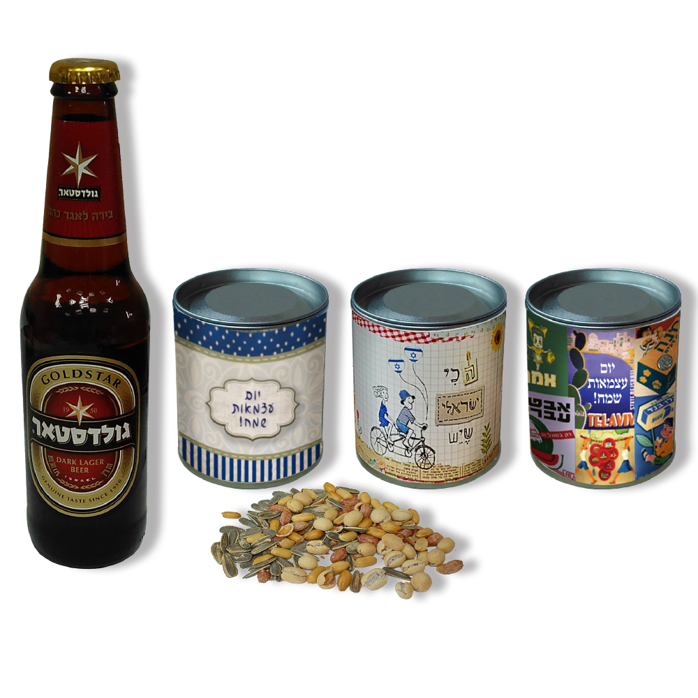 בירה ופחית עם פיצוחים - 
בירה 330 מל’ ופחית עם מיקס פיצוחים, גובה הפחית 8 ס”מ, פיצוחים 120 גר’. 