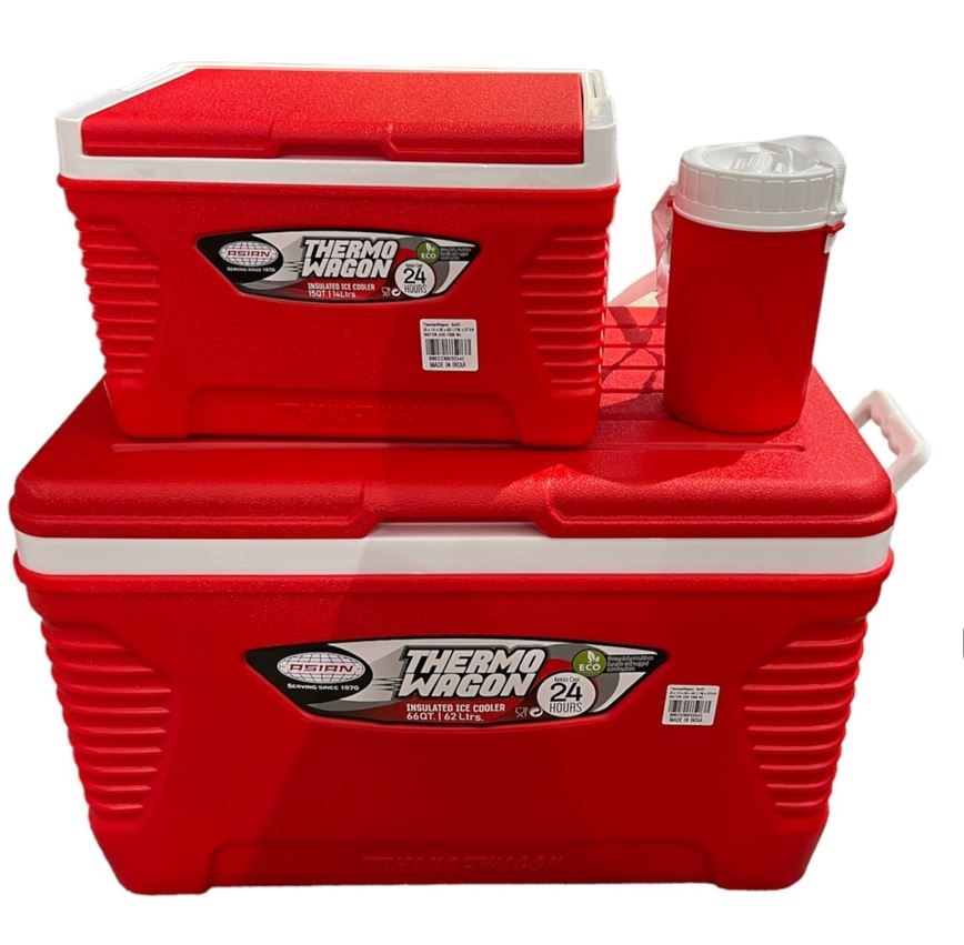 סט צידניות 3 חלקים, מבית המותג ASIAN.
הסט מורכב מ:
צידנית ענקית 62 ליטר מתאימה לקמפינג ולאירועים בעלת ידיות אחיזה בצדדים, בעלת ברז ניקוז למים. 
צידנית 14 ליטר המתאימה מאוד לפיקניקים ולקחת אוכל לעבודה, בעלת ידית נשיאה במרכז.          
+ בקבוק מבודד 1.5 ליטר מתנה.