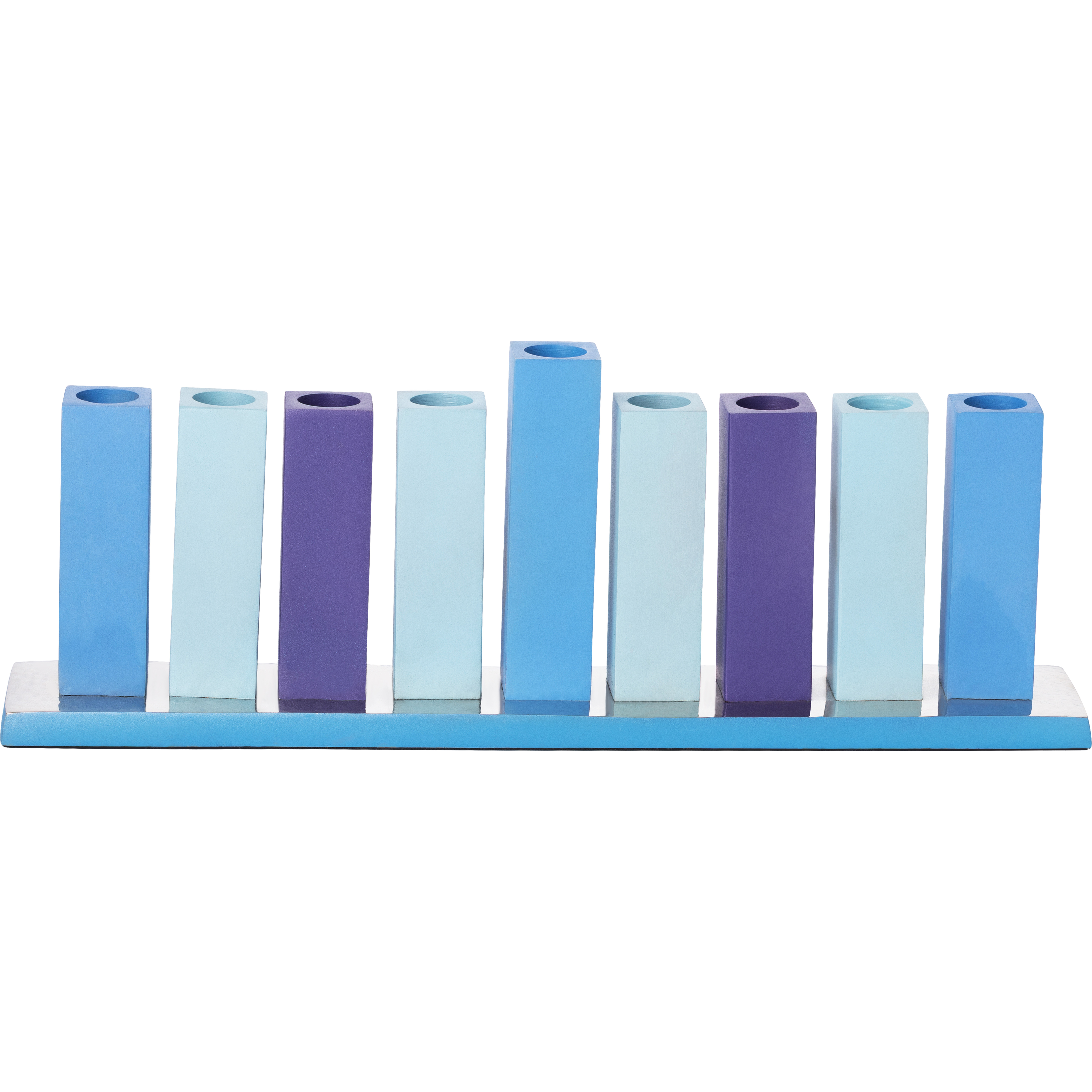 חנוכייה אלומיניום מהודרת עם קנים גווני כחול 11x30 ס"מ. 