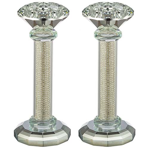 זוג פמוטי קריסטל מהודרים עם יהלומים לבנים וקנים כסף 16.5 ס