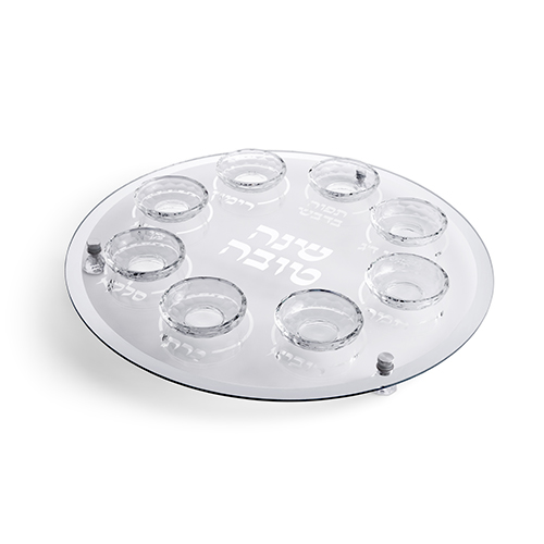 צלחת עגולה מהודרת לראש השנה מזכוכית וקריסטל. 
אורך/גובה: 40 ס״מ.
