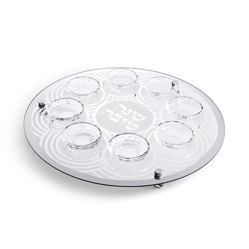 צלחת עגולה מהודרת לראש השנה מזכוכית וקריסטל. 
אורך/גובה: 40 ס״מ.
