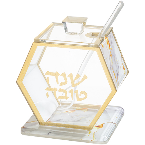 כלי לדבש פרספקס גימור שיש. 
אורך/גובה: 8.5 ס״מ.
חומר: אקריליק.