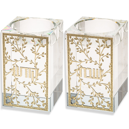 פמוטי קריסטל עם פלקטה עלים 7.5 ס"מ. 