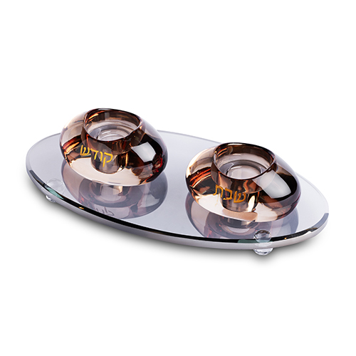 פמוטים קריסטל רוז גולד 4 ס"מ עם מגש קריסטל שחור. 