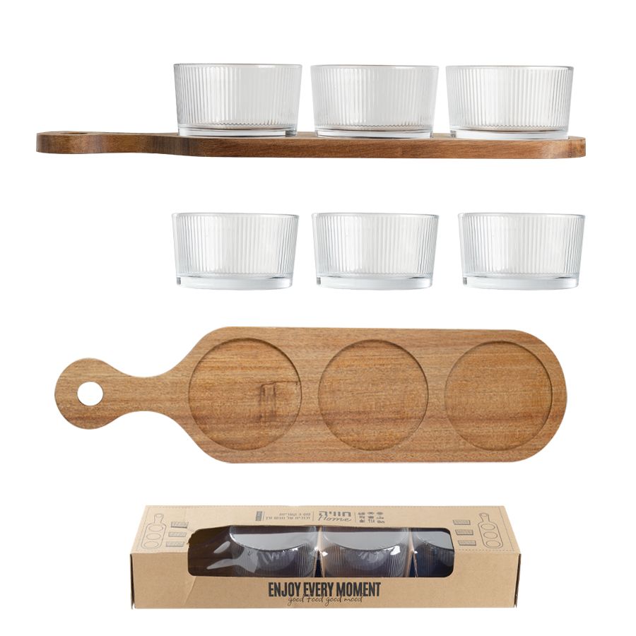 סט 3 קעריות זכוכית 5x9 ס"מ על מגש עץ 38x10 ס"מ. 