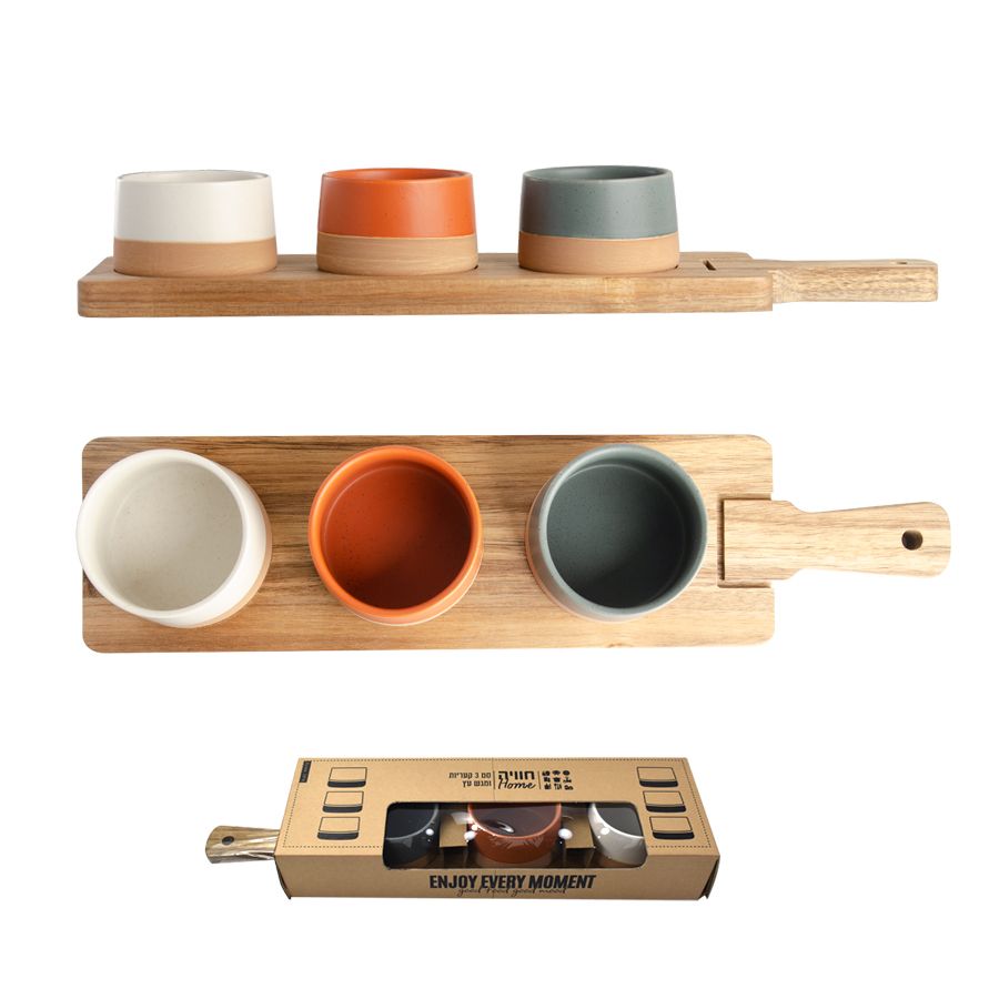 סט 3 קעריות קרמיקה במגש עץ מלבני עם ידית 7.5x12x48.2 ס"מ. 