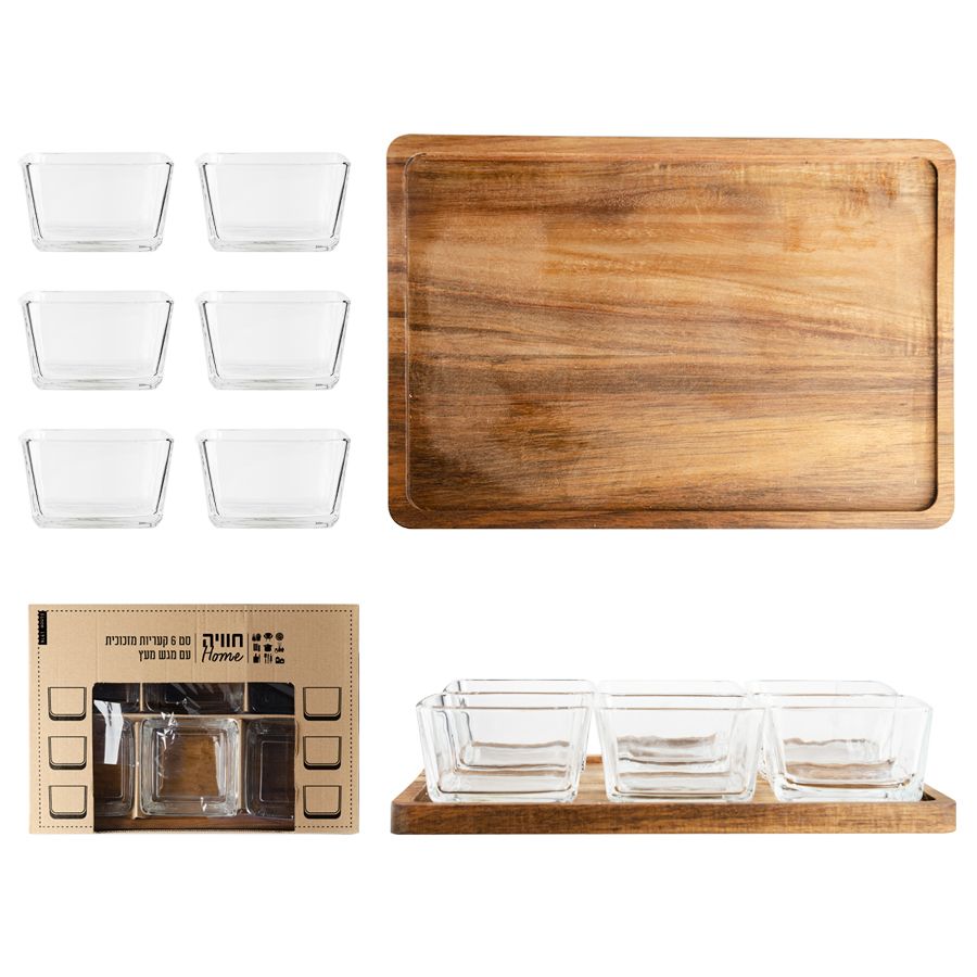 סט 6 קעריות זכוכית 9.5x9 ס"מ על מגש עץ 29x20 ס"מ. 