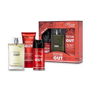TIME OUT סט 3 מוצרים לגבר. 
מכיל:
או דה פרפיום 100 מ”ל. 
דיאודורנט ספריי 150 מ”ל.
ג’ל לאחר הגילוח 125 מ”ל. 
